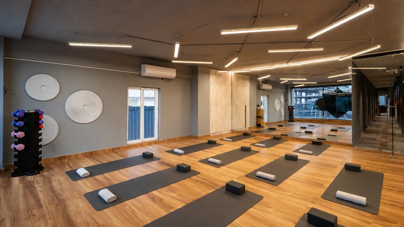 A group fitness class in the studio at V2 Fitness Zone Miyapur