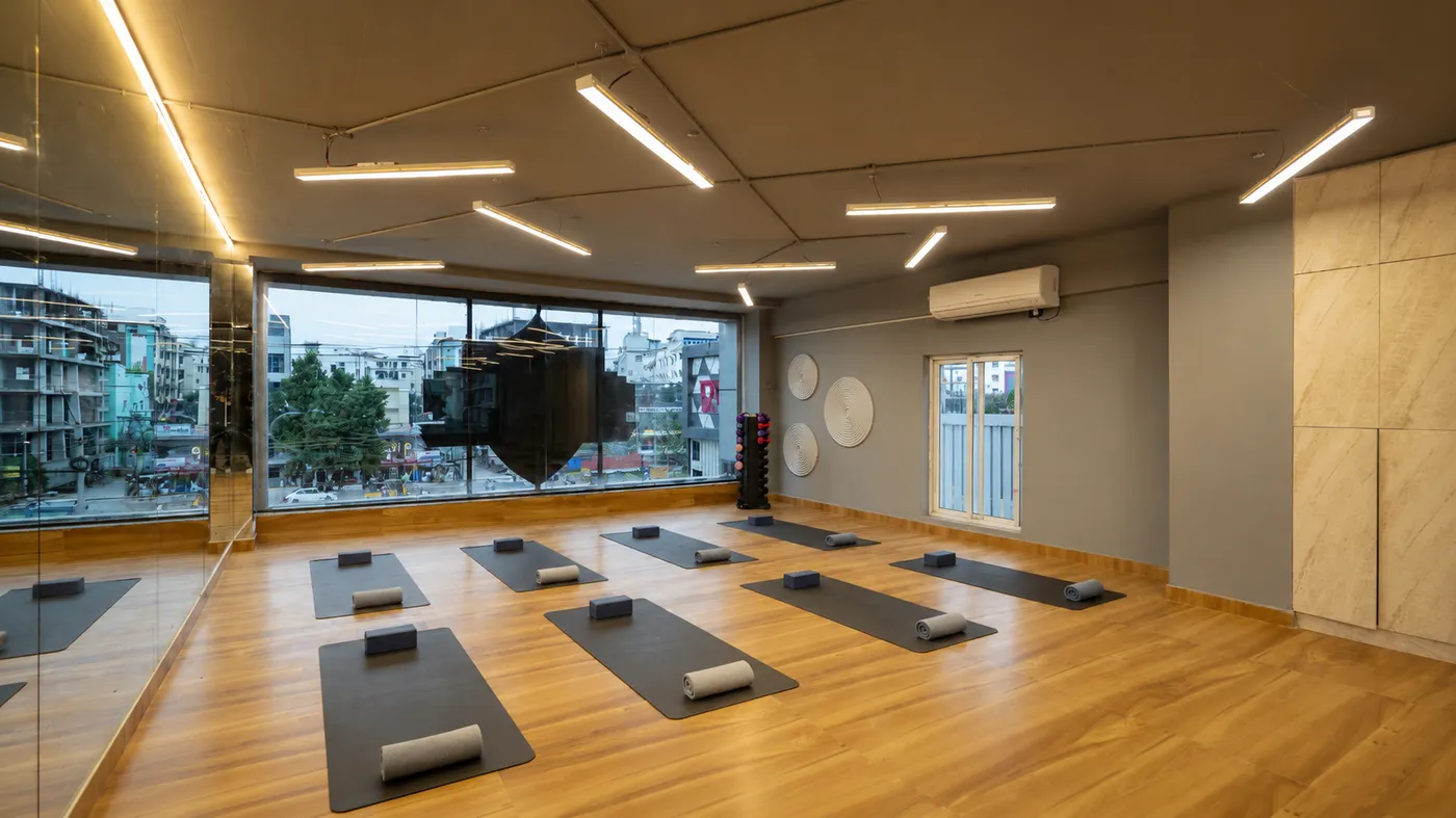 A group fitness class in the studio at V2 Fitness Zone Miyapur