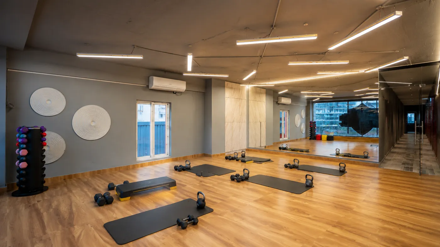 A group fitness class in the studio at V2 Fitness Zone Miyapur