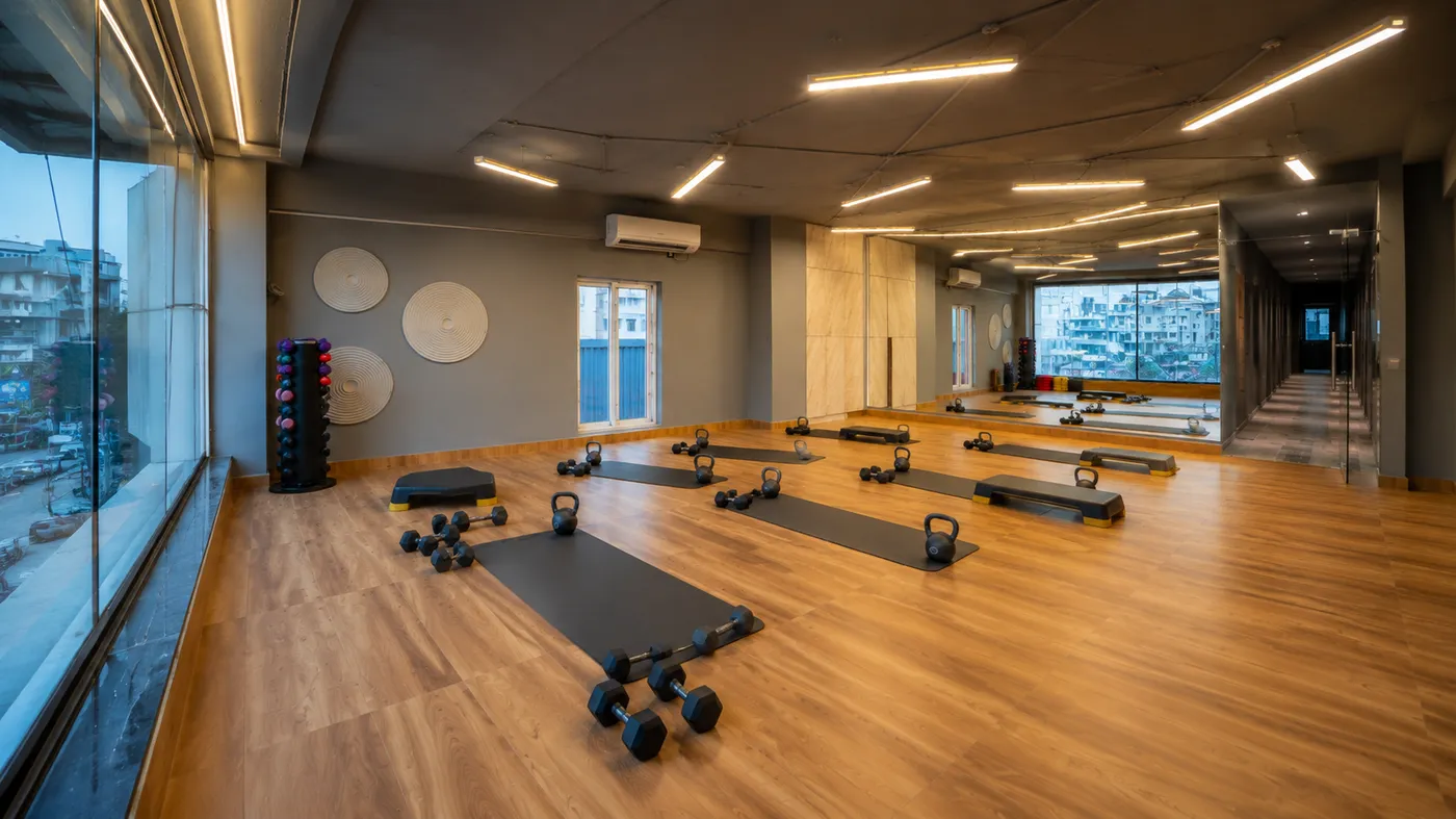A group fitness class in the studio at V2 Fitness Zone Miyapur