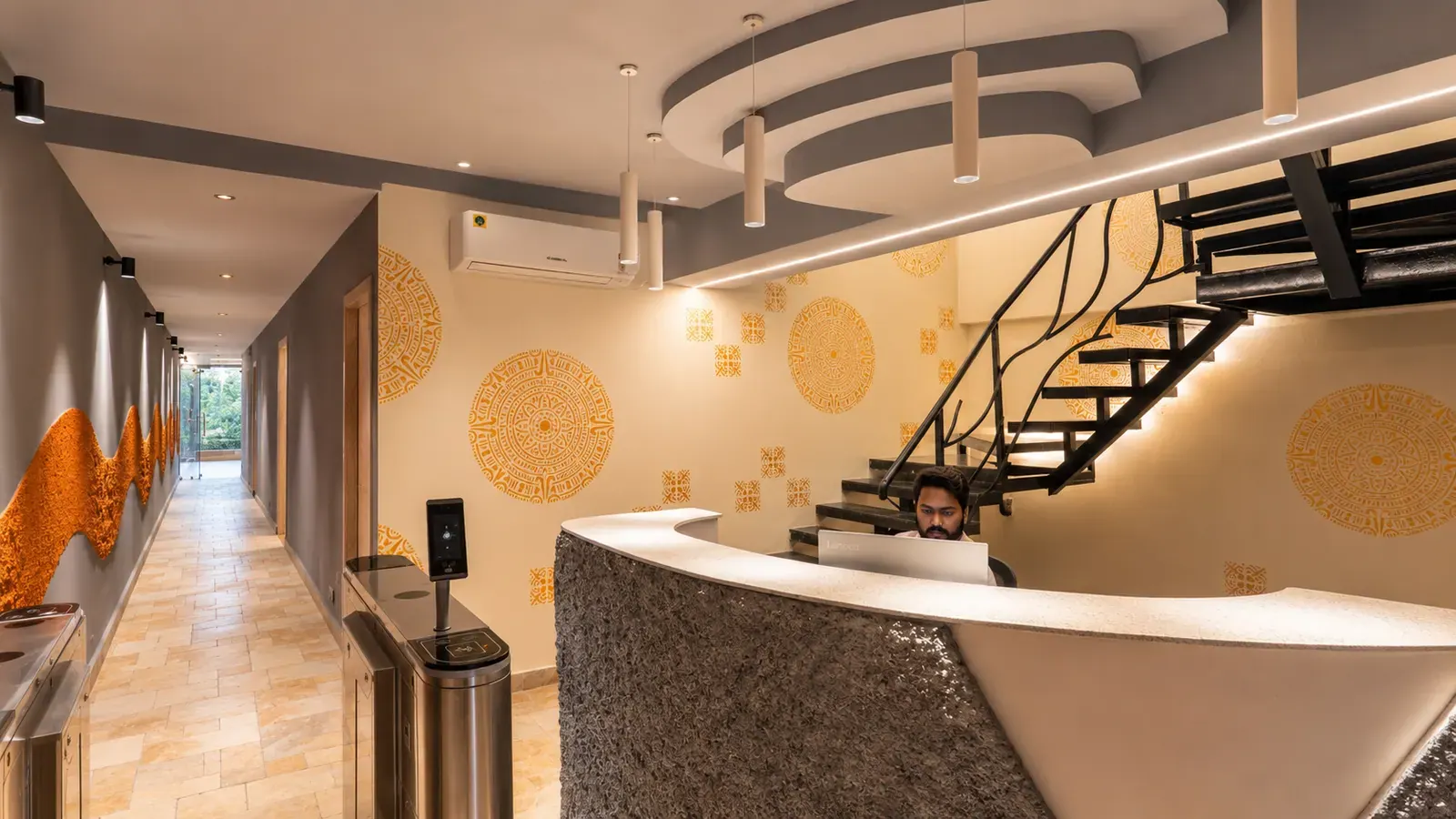 The reception and lounge at V2 Fitness Zone Miyapur